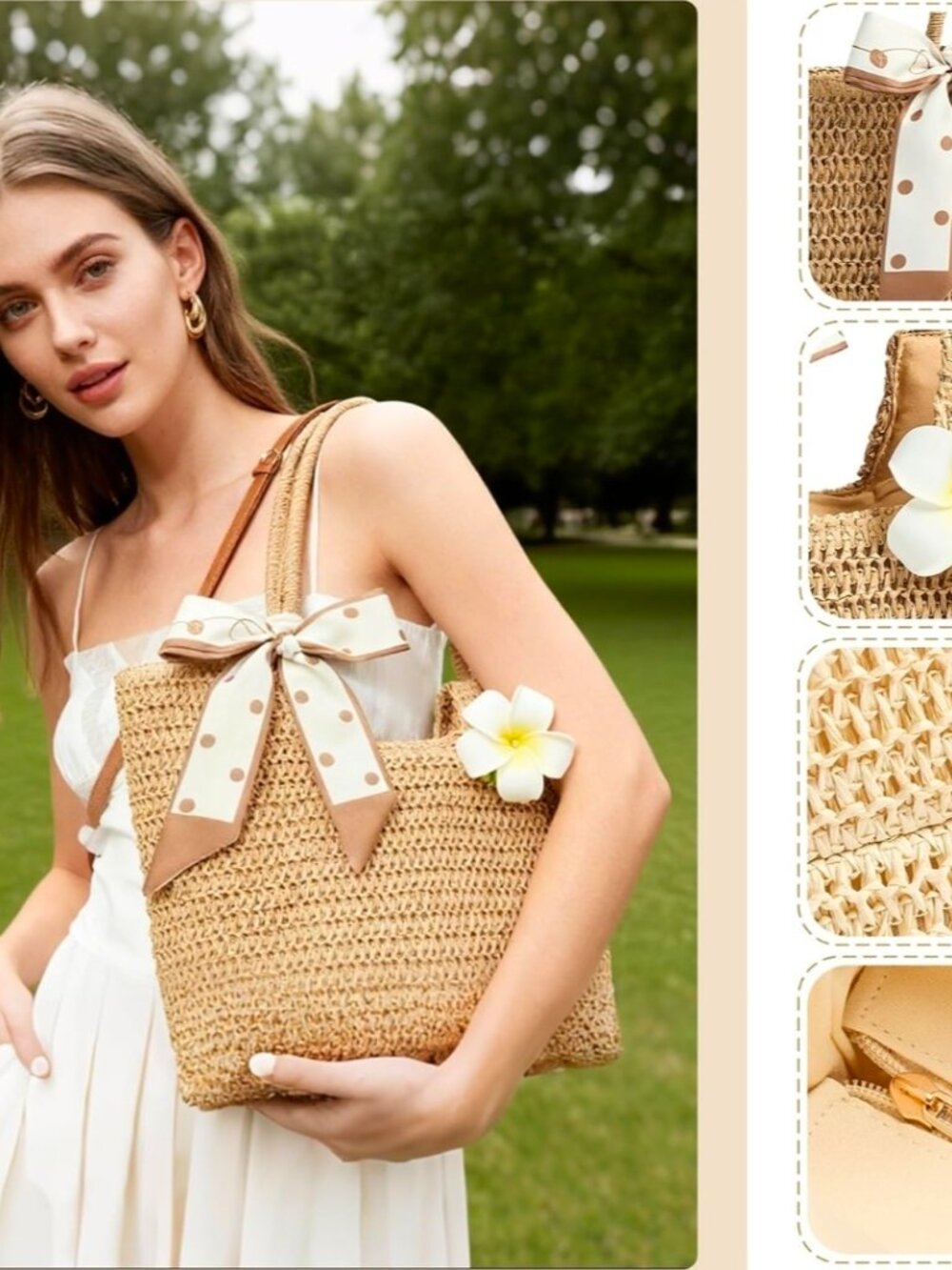 NEW Straw Tote Bag for Women, Large Summer Beach Bag with Polka Dot Scarf